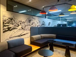 Blue Rock Office interiors; Tarzan Wallpaper in a commercial office setting