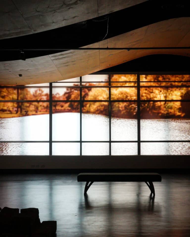 A bench in an indoor art gallery space sitting infront of a window graphic illuminated by the sunlight coming from behind.