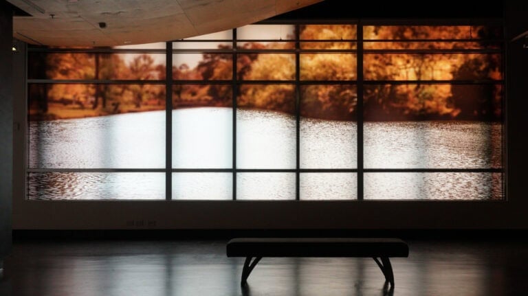 A bench in an indoor art gallery space sitting infront of a window graphic illuminated by the sunlight coming from behind.