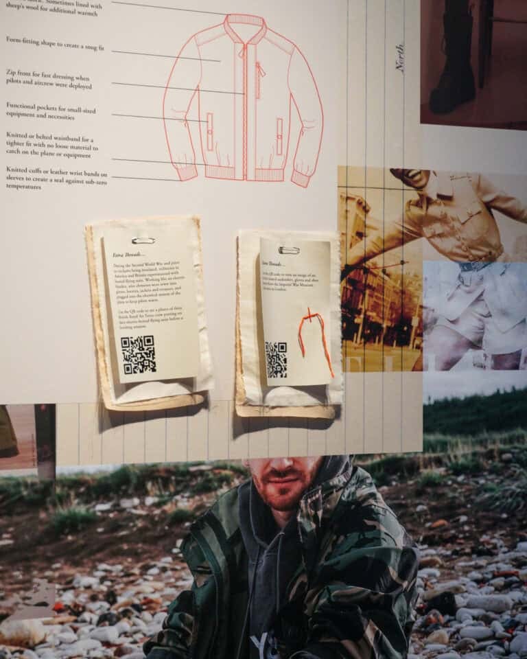 Trenches to runway; A combination of printed elements and real life fabrics to create the feeling of a hand written note. This method of display is a wonderful way to present time period in a much more subtle way.