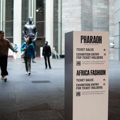 NGV's Pharaoh Exhibition depicting ancient relics from egypt. This photo shows a patron observing the didactic on the wall.